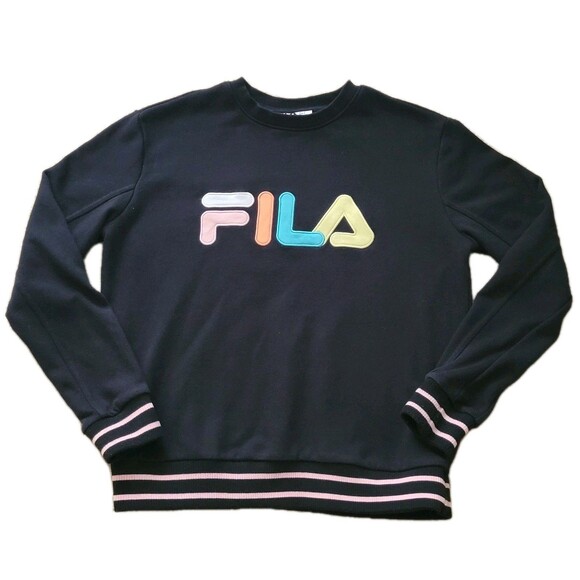 Fila Sweatshirt Womens S Black Crew Neck Colorful Logo Pullover - Picture 1 of 10